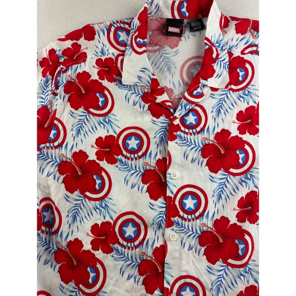 Marvel Captain America Mens Large White Red Blue Floral Shield Rayon Shirt LG - Picture 2 of 8